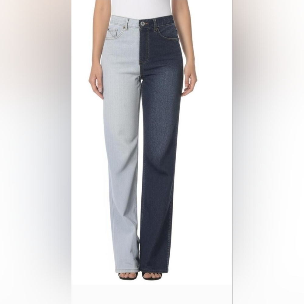 Two-Tone High-Waist Straight Leg Jeans - Light & Dark Blue